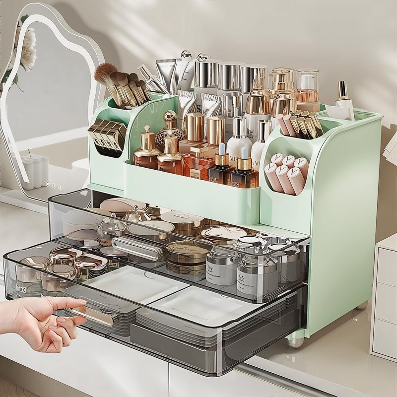 Heaime Makeup Organizer with Drawers for Vanity,Bathroom Countertop Organizer with Brushes Holder,Skincare Storage Organizer,Perfect Cosmetic Display Case for Skincare,Lipstick and Beauty Essential (Green) - Image 4